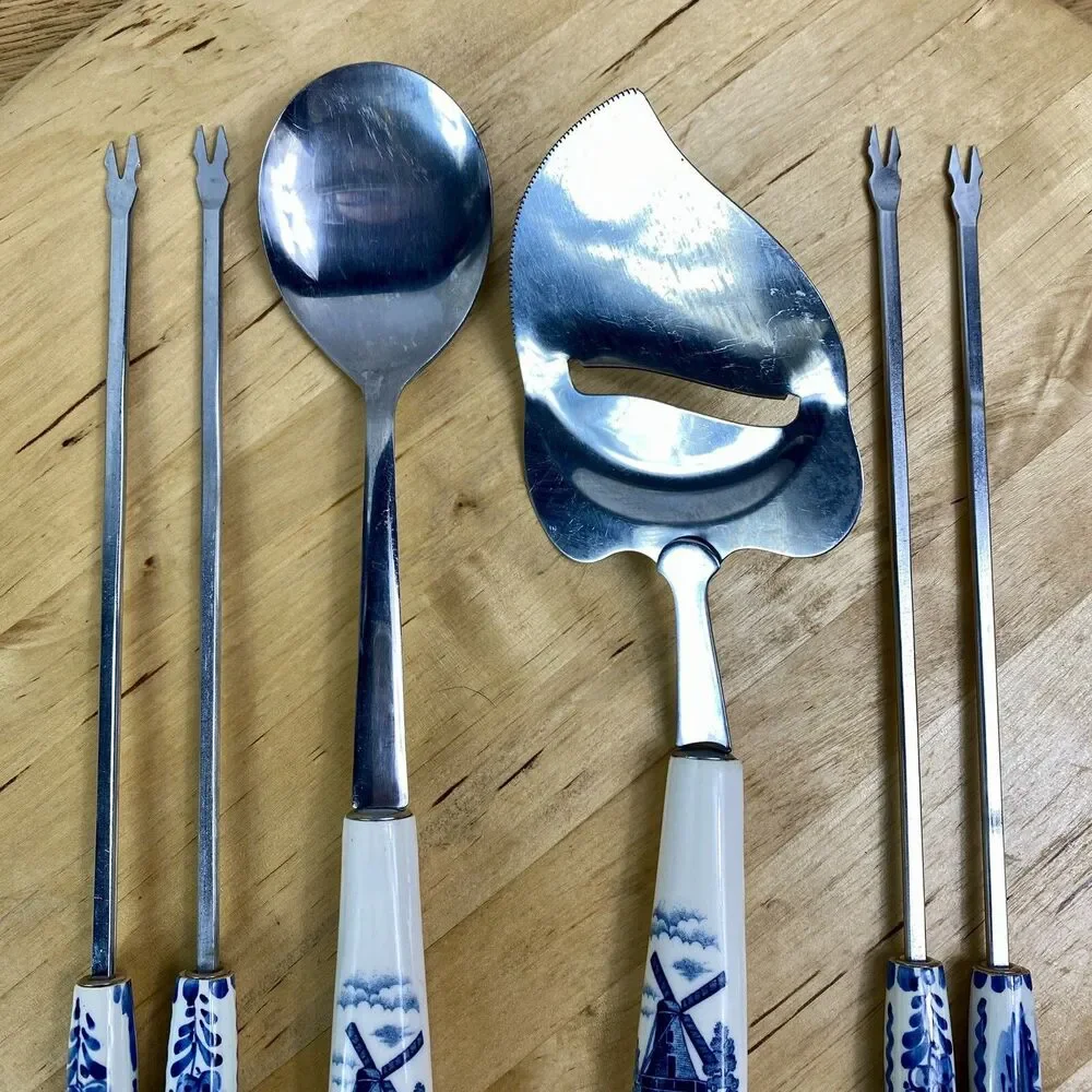 Vintage Delft Elesva Holland 6pc Utensil Set Blue Windmill Ceramic Handle Cheese